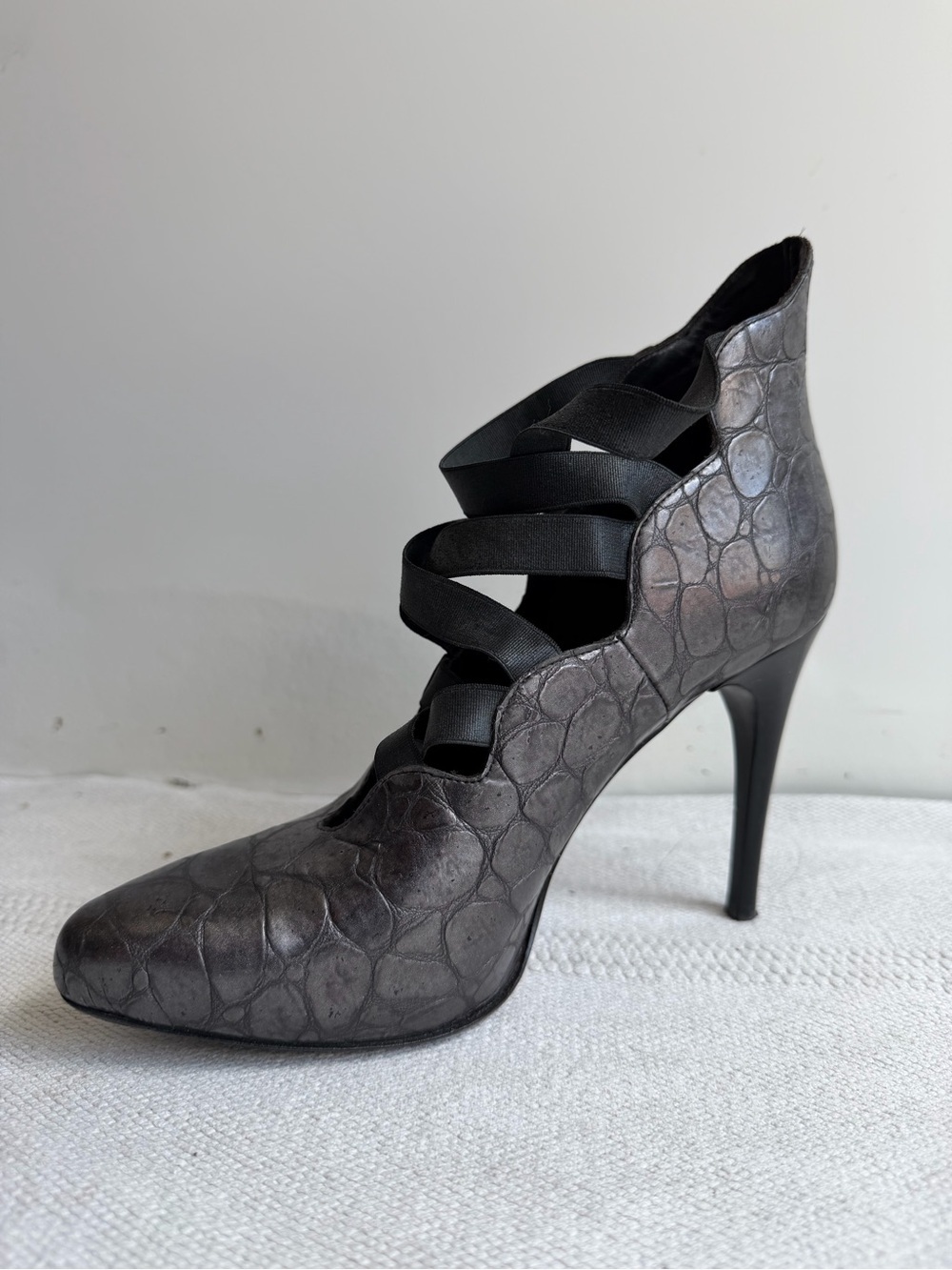 Donald J. Pliner Metallic Gray Croc-Embossed Strappy High Heel